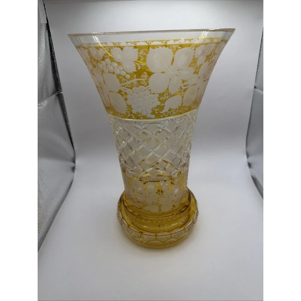 Vintage Bohemian Crystal Cut To Clear Vase Amber Circa 1900s Gorgeous Heavy Rare - Picture 2 of 6